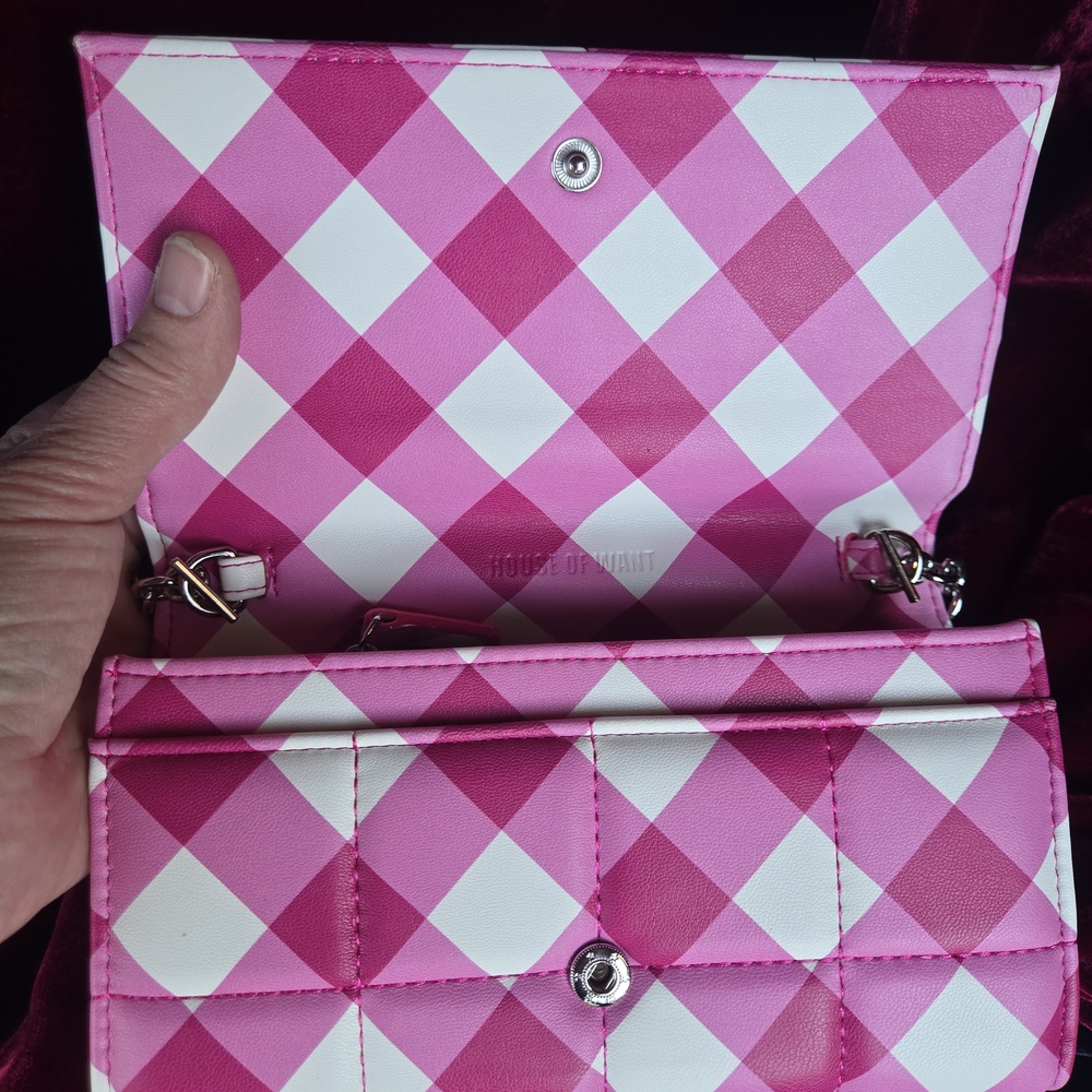 House of Want Fuchsia Gingham Wallet Crossbody Vegan NWT - Picture 7 of 11